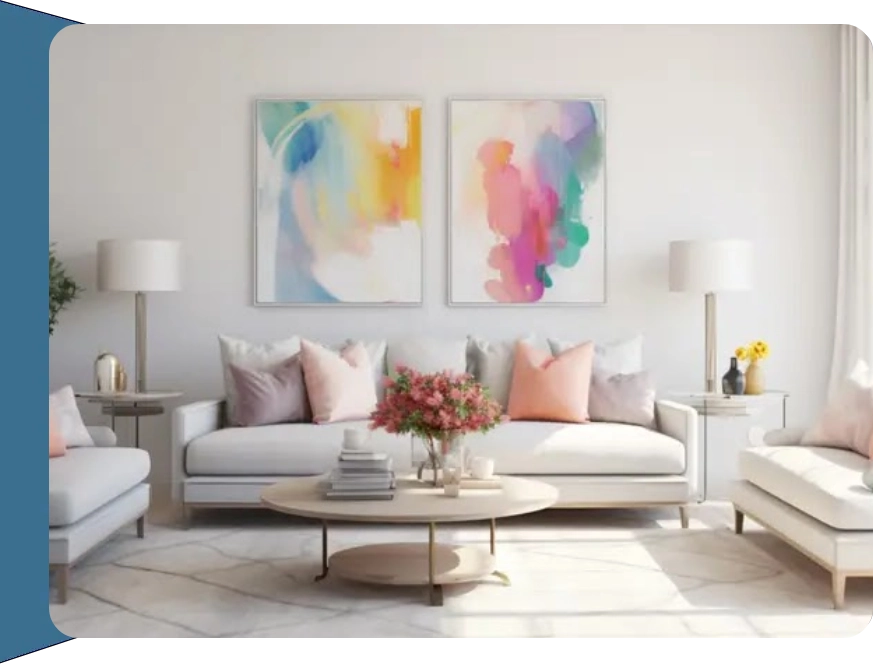 A living room with two paintings on the wall