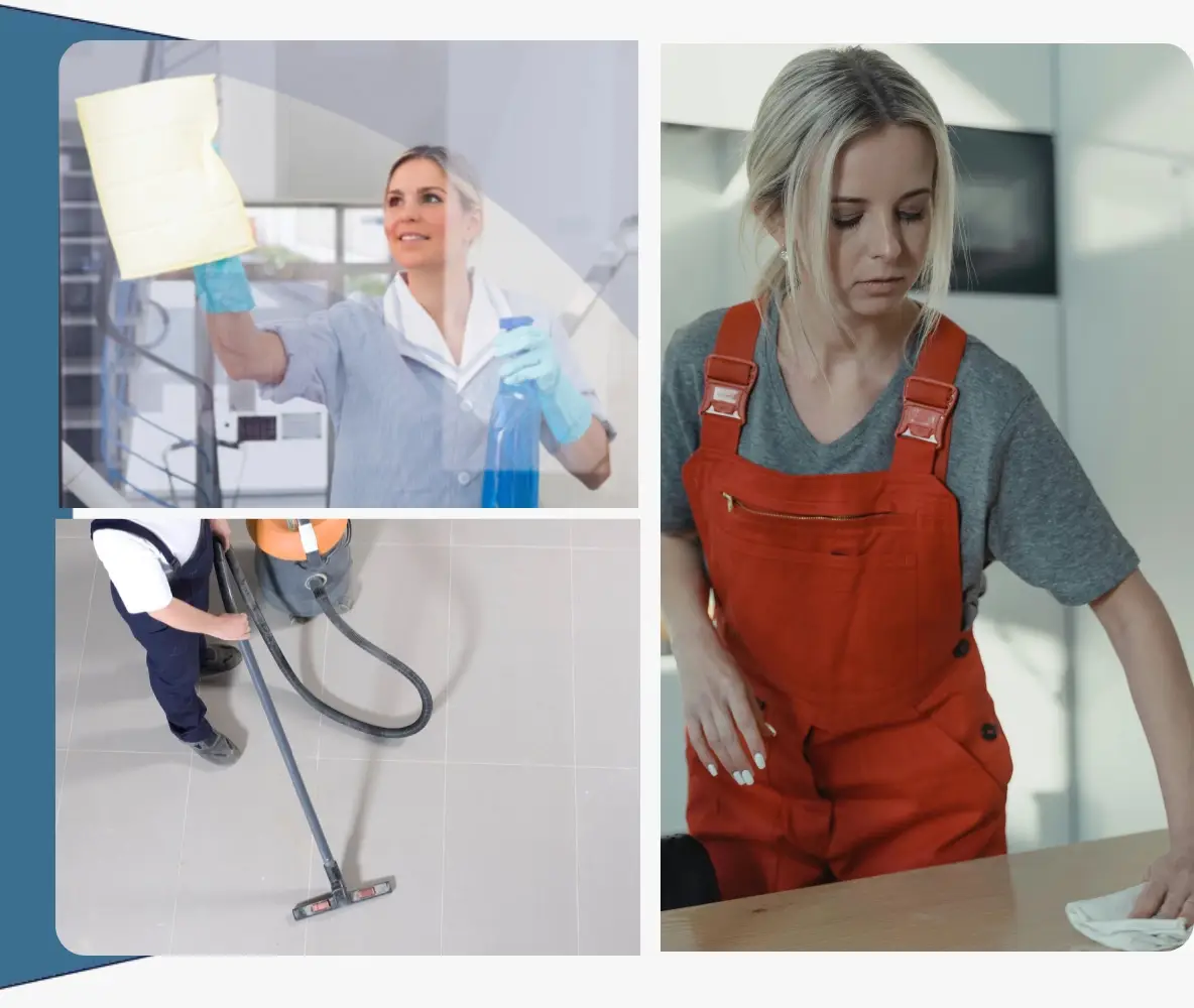 A collage of women cleaning and vacuuming.